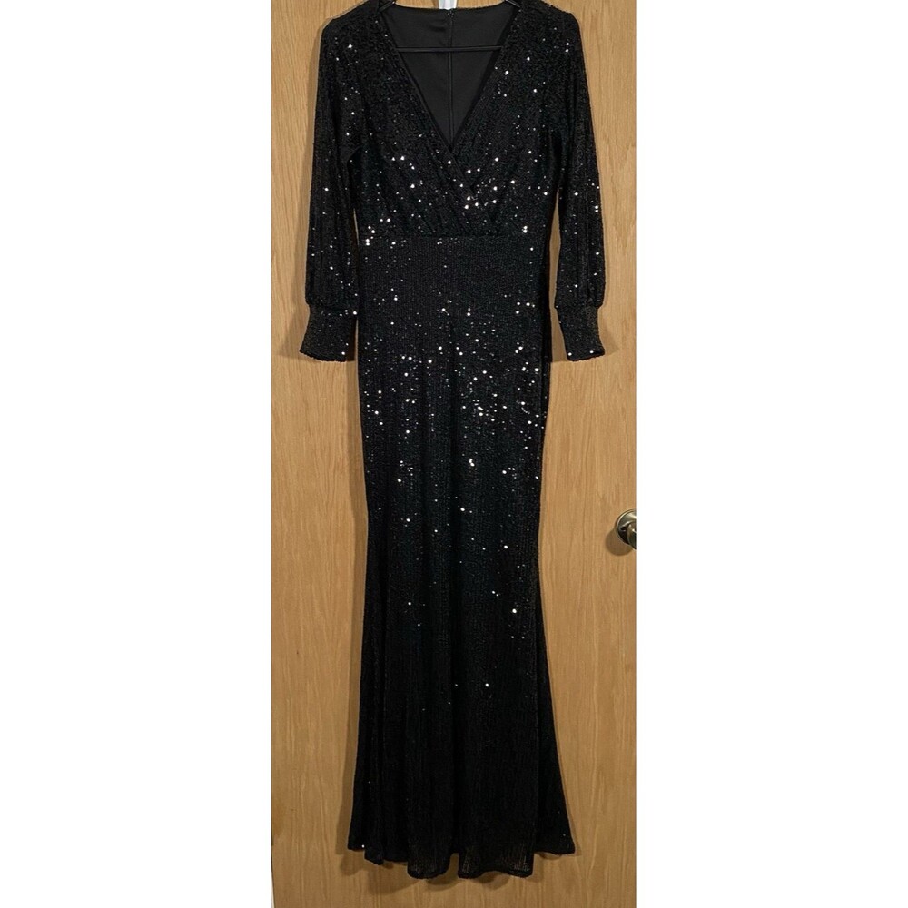 Women's M Black Sequin Dress Long Sleeve Maxi Formal Wedding Dark Romantic Gala